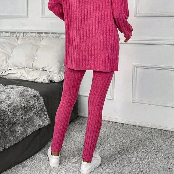 Hot Pink Casual Womens Drop Shoulder Split Hem Hoodie & Leggings - Picture 3 of 5